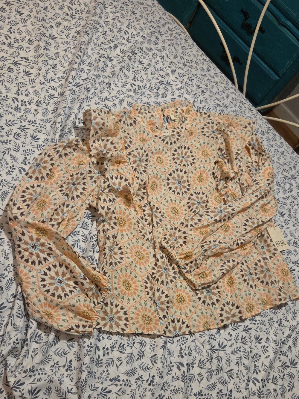 Printed Ruffle-Trim Long Sleeve Blouse in Peach Multi
